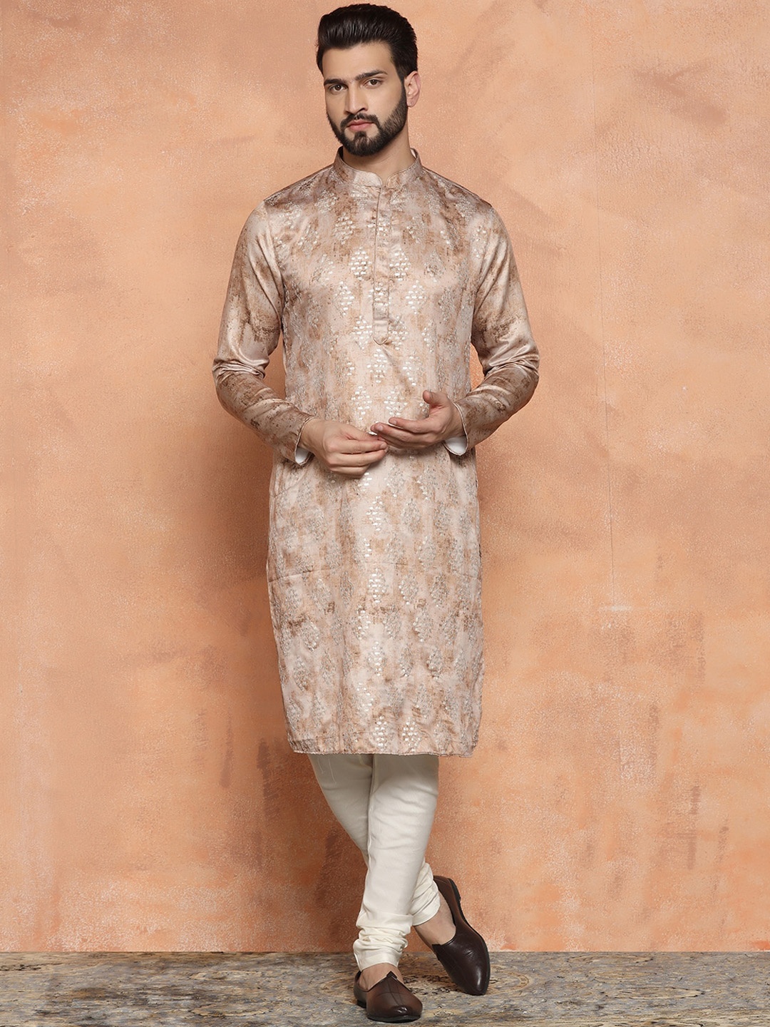 

KISAH Ethnic Motifs Sequinned Embellished Regular Kurta With Churidar, Brown