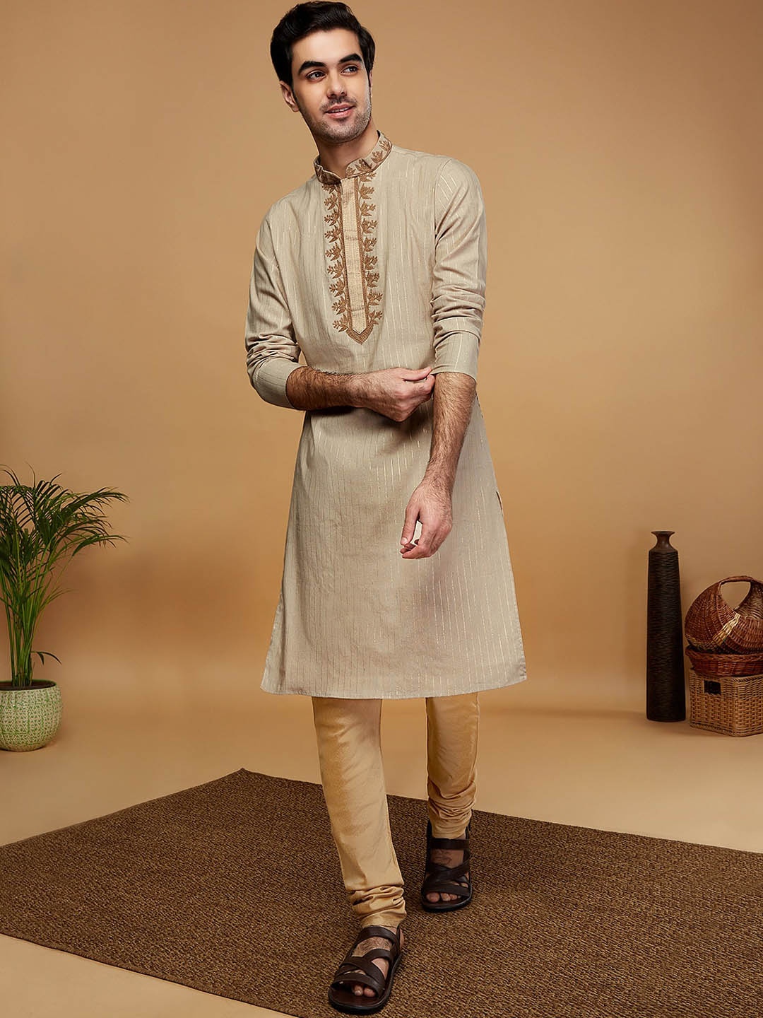 

KISAH Ethnic Motifs Embroidered Regular Thread Work Straight Kurta With Churidar, Beige