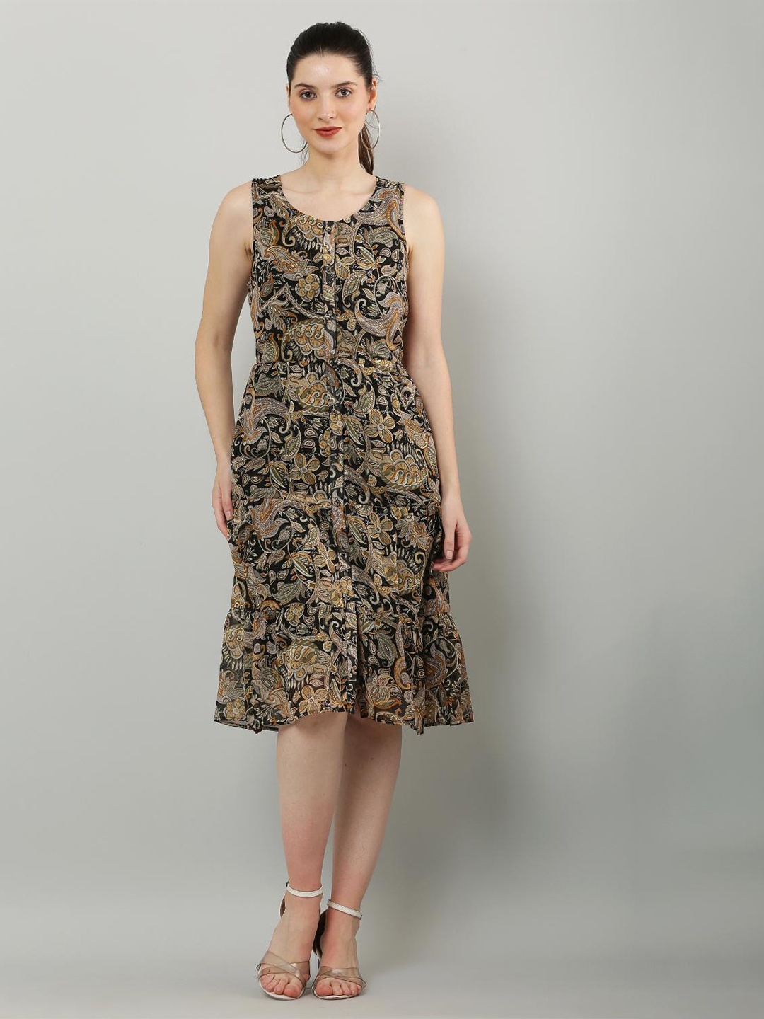 SQew Ethnic Motifs Print A-Line Dress, Black