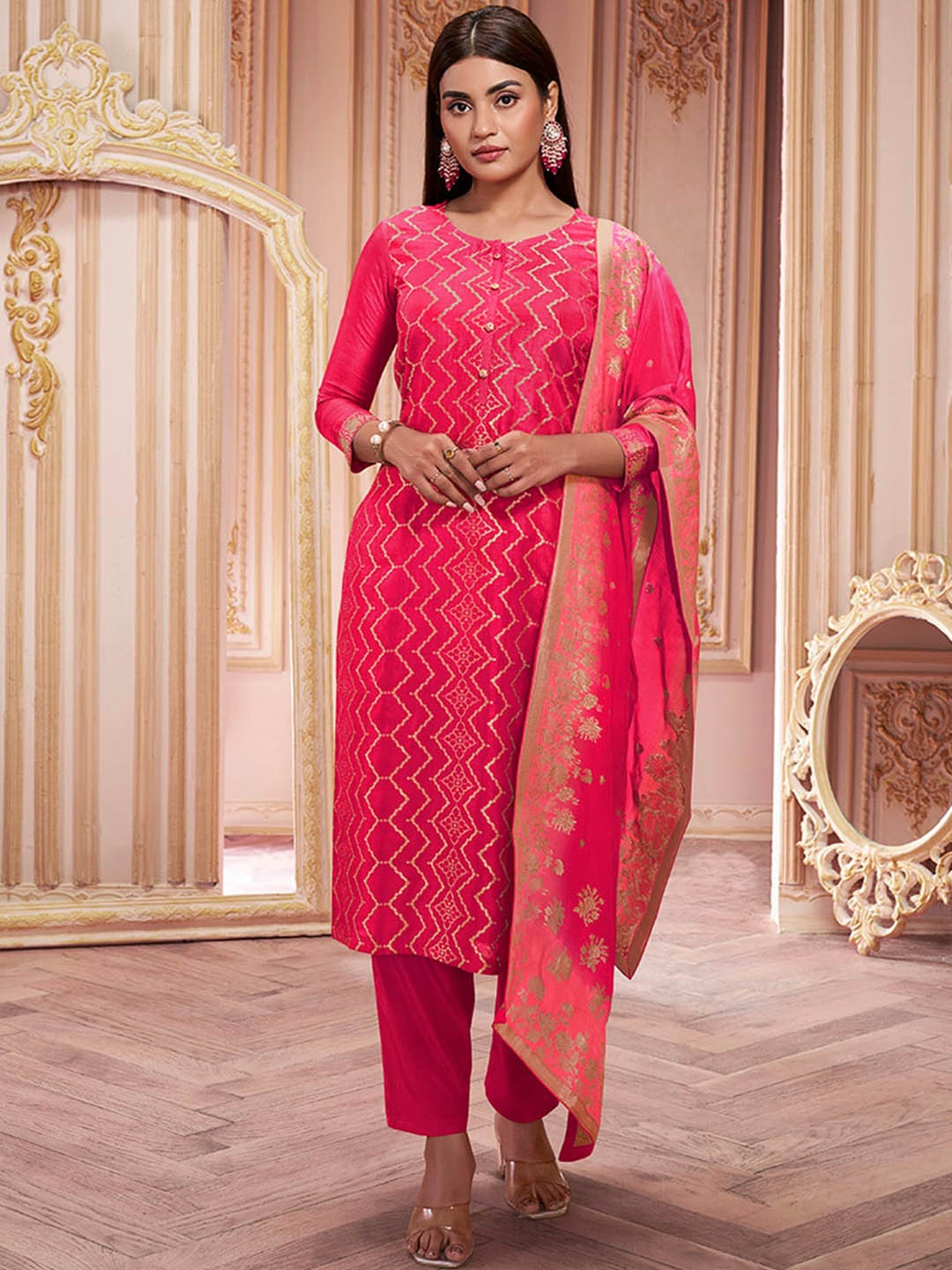 

Seerat Regular Pure Silk Kurti with Trousers & Dupatta, Red