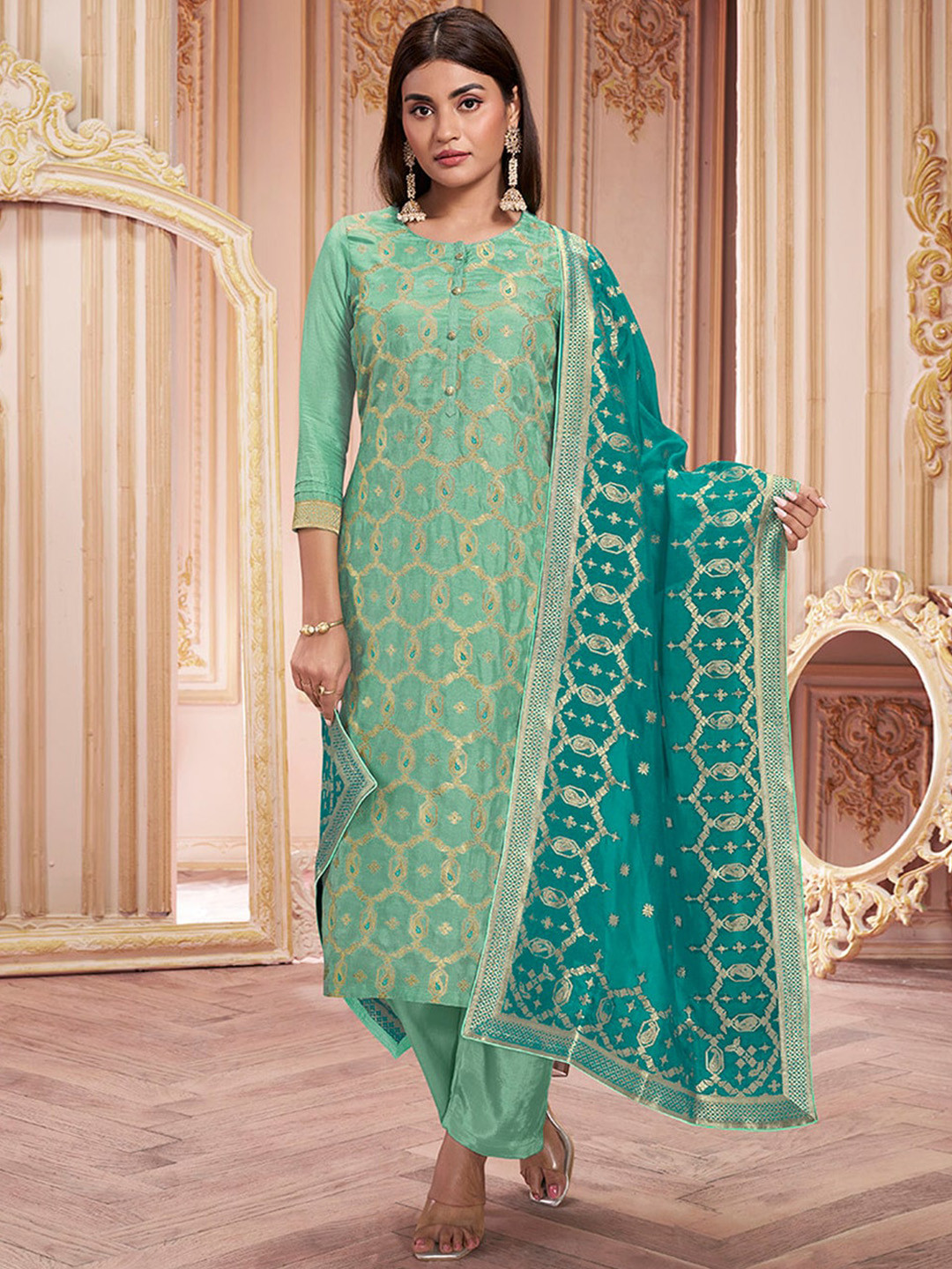 

Seerat Geometric Woven Design Regular Pure Silk Kurta with Trousers & Dupatta, Sea green