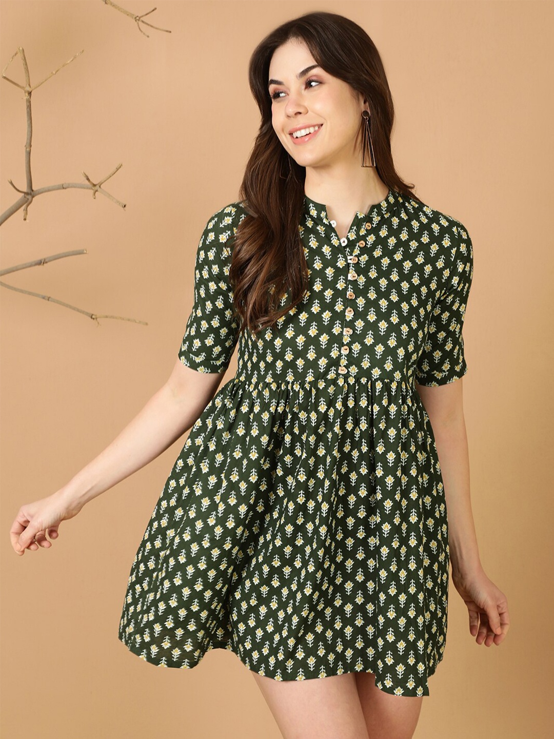 

antaran Ethnic Motifs Print A-Line Dress, Green