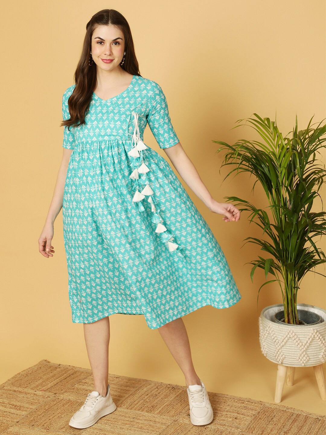 

antaran Print A-Line Midi Dress, Sea green