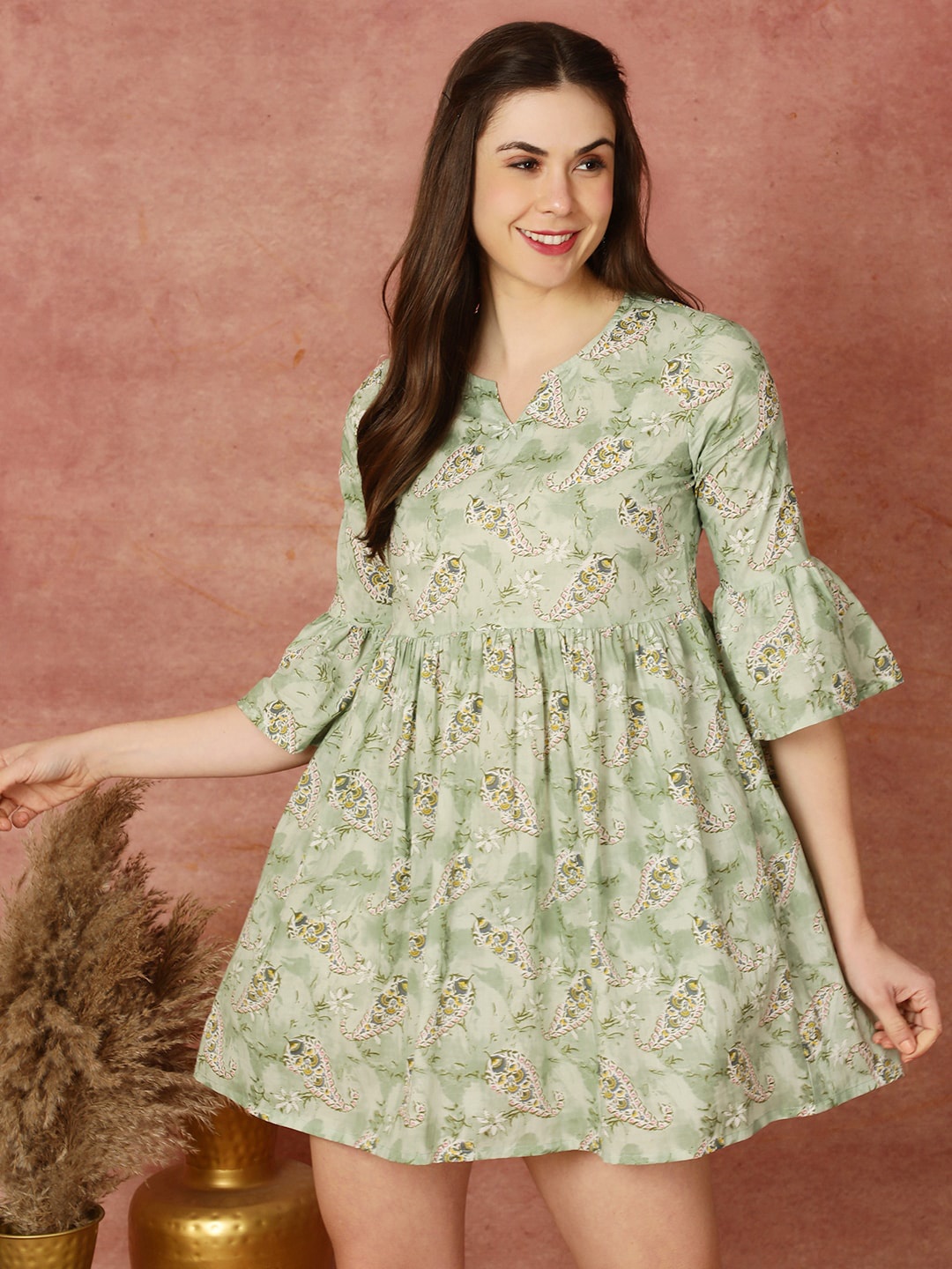 

antaran Floral Print Bell Sleeve Pure Cotton A-Line Dress, Green