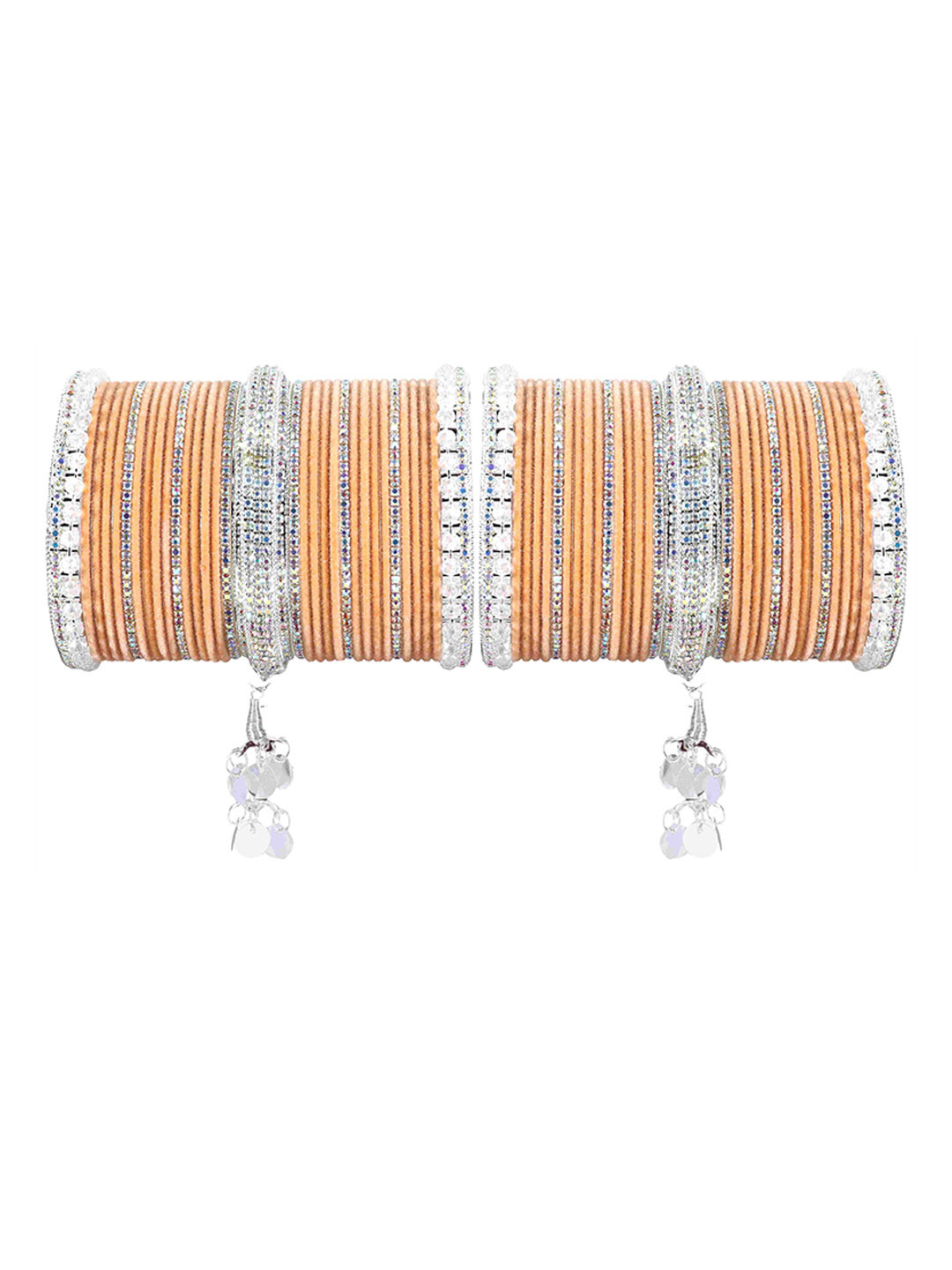 

LAVAZZA Set Of 66 Crystal-Studded Metal Latkan Bangles Chuda Set, Peach