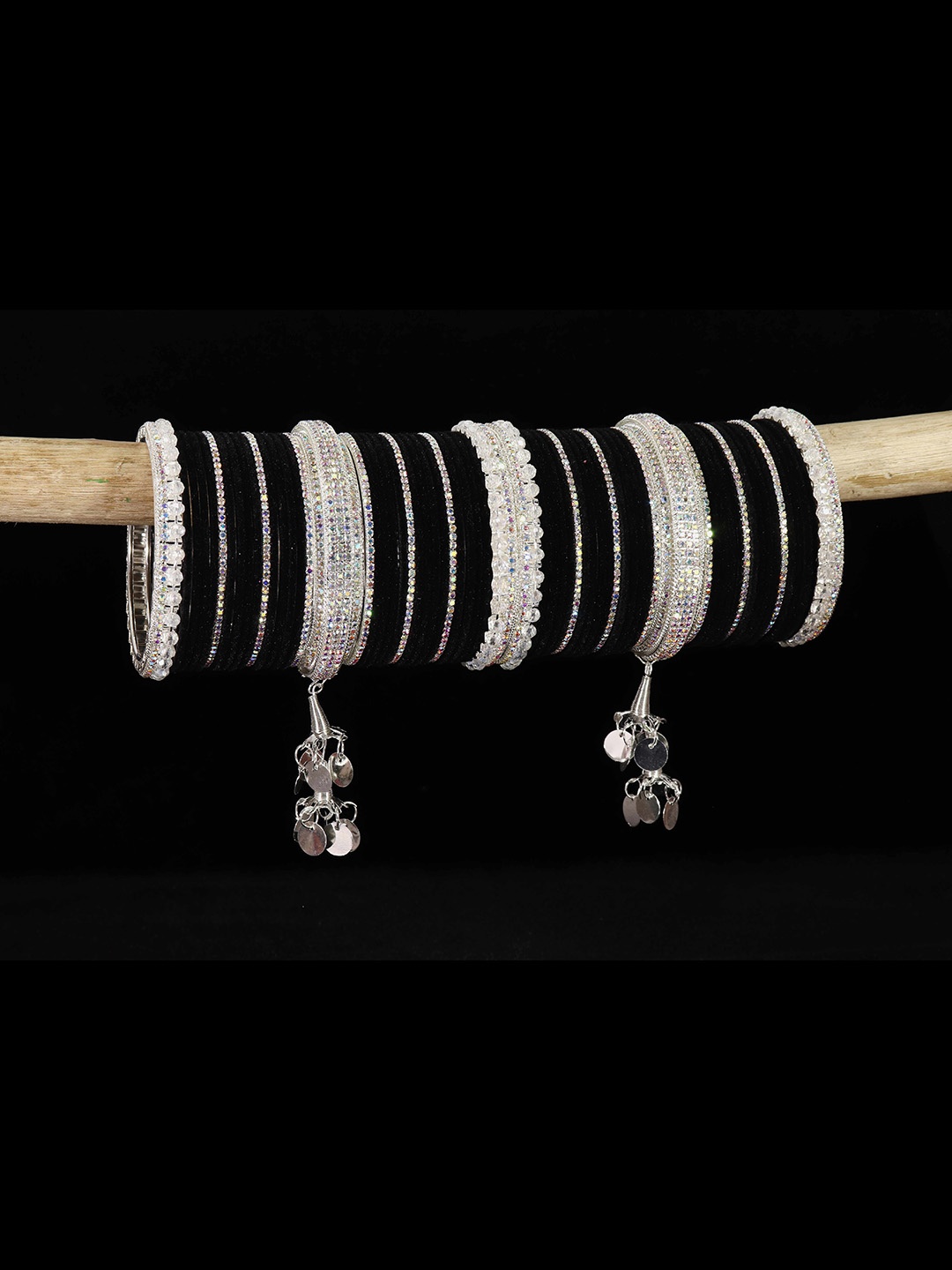 

LAVAZZA Set of 66 Crystal-Studded Metal Latkan Bangles Chuda Set, Black
