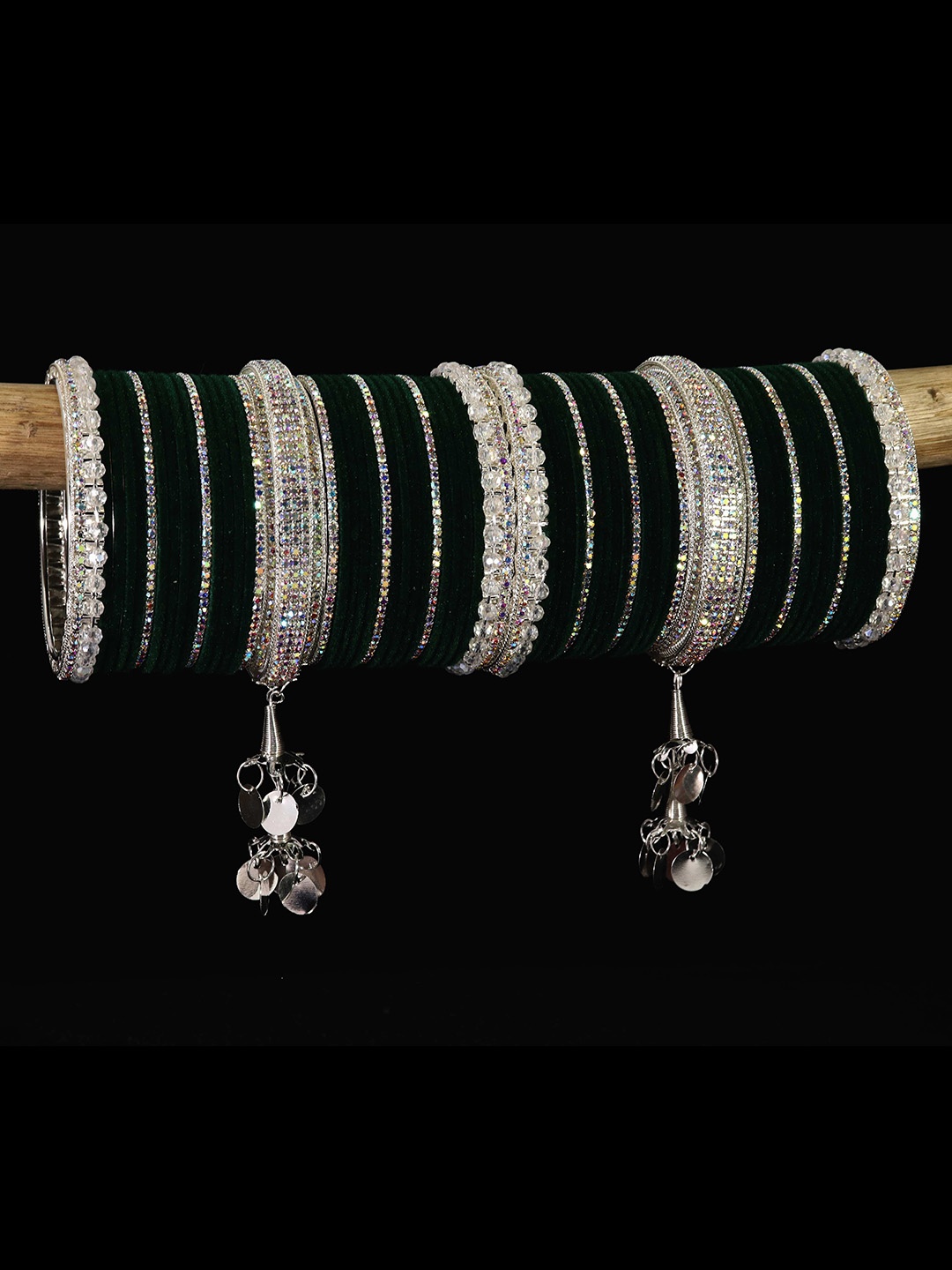 

LAVAZZA Set Of 66 Crystal-Studded Metal Latkan Bangles Chuda Set, Green