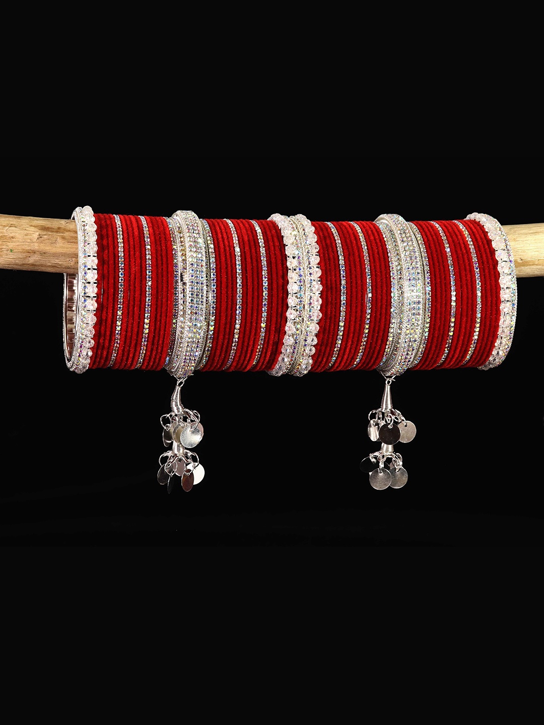 

LAVAZZA Set of 66 Crystal-Studded Metal Latkan Bangles Chuda Set, Red