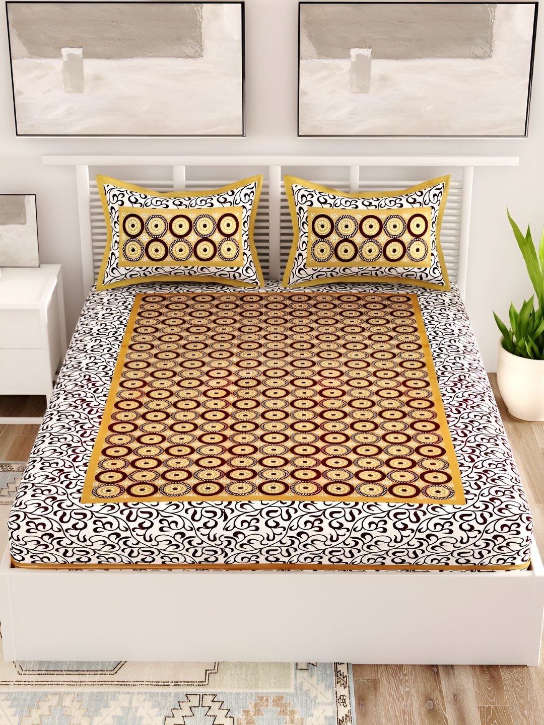 

Aura Brown & White Geometric Cotton 120 TC Queen Bedsheet with 2 Pillow Covers