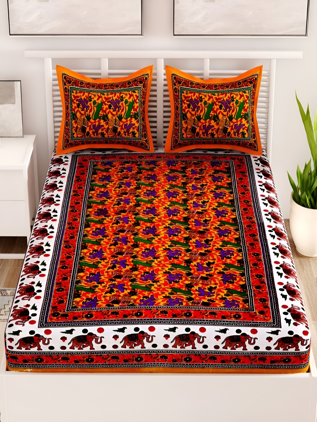 

Aura Orange & White Floral Cotton 120 TC Queen Bedsheet with 2 Pillow Covers