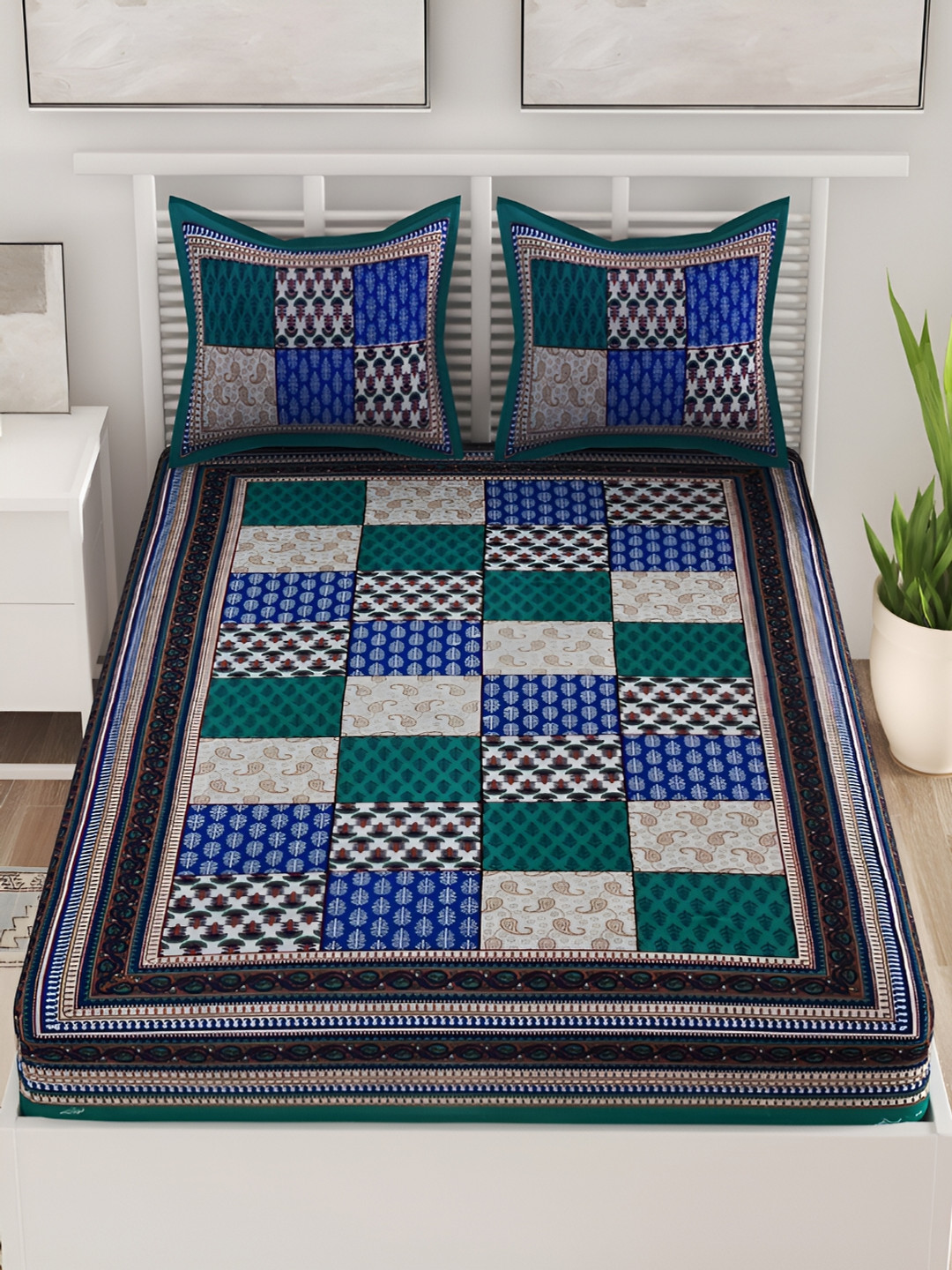 

Aura Turquoise Blue & White Geometric Cotton 120 TC Queen Bedsheet with 2 Pillow Covers