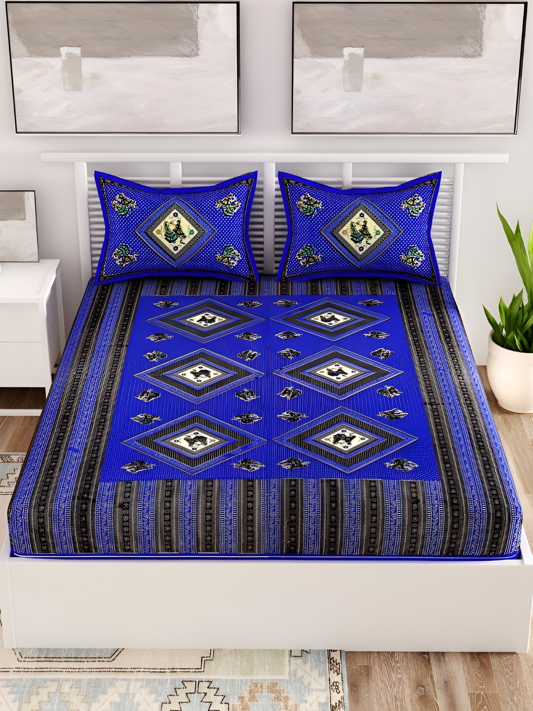 

Aura Blue & White Geometric Cotton 120 TC Queen Bedsheet with 2 Pillow Covers