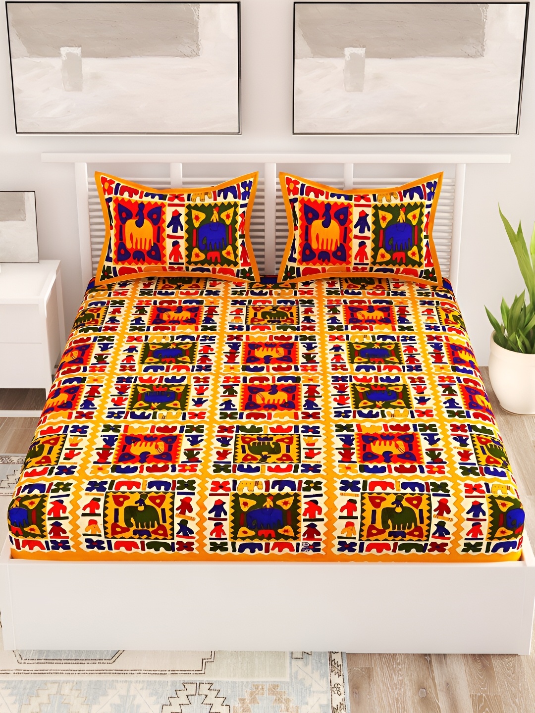 

Aura Yellow & White Ethnic Motifs Cotton 120 TC Queen Bedsheet with 2 Pillow Covers