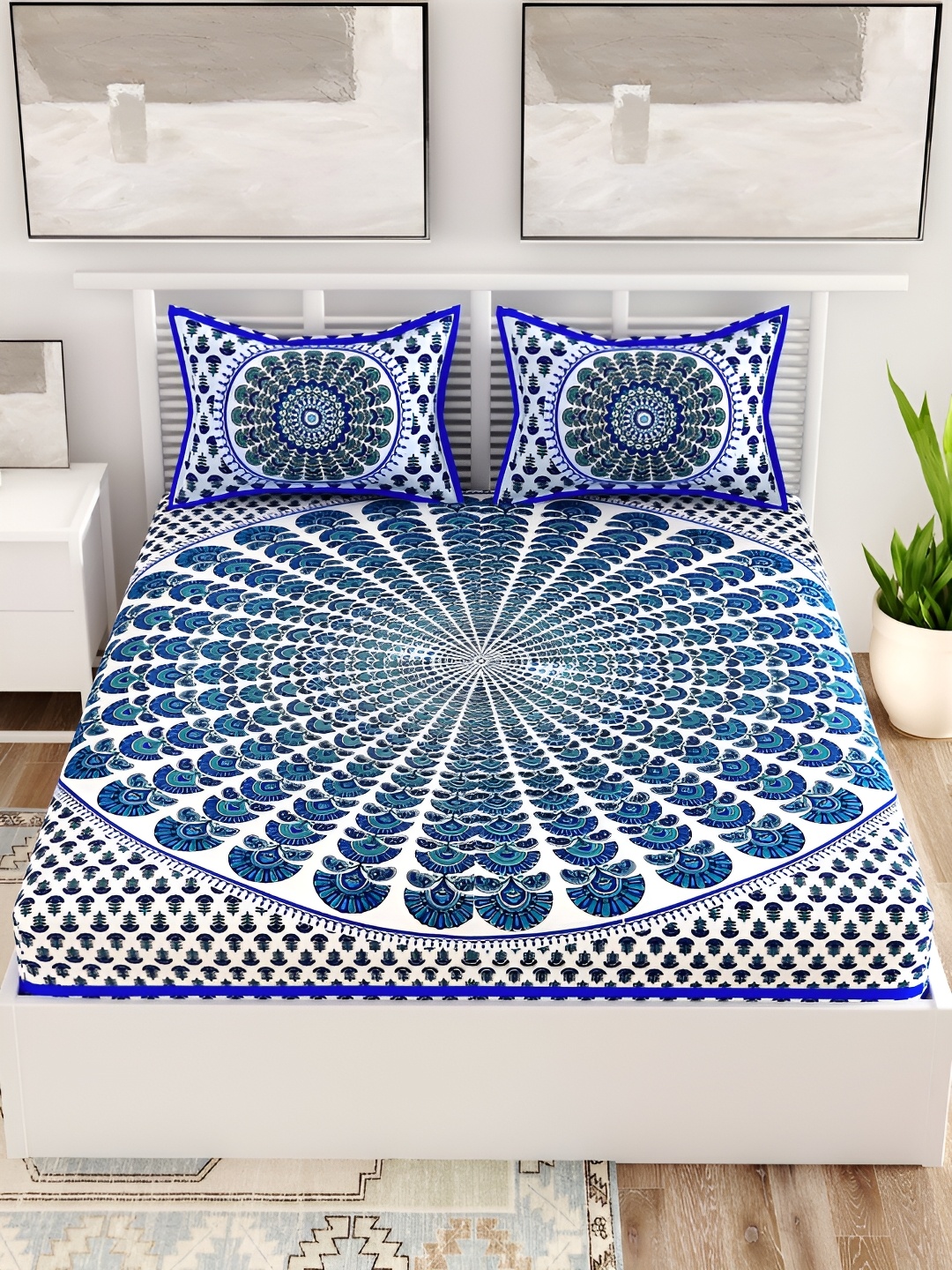 

Aura Blue & White Ethnic Motifs Cotton 120 TC Queen Bedsheet with 2 Pillow Covers
