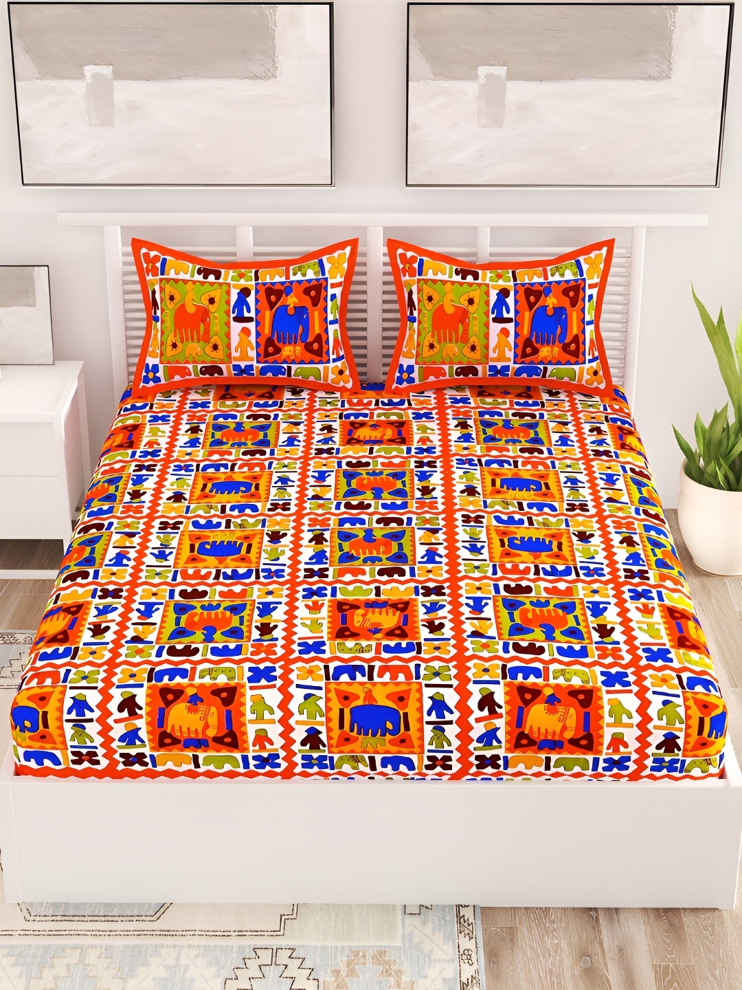 

Aura Orange & Blue Ethnic Motifs Cotton 120 TC Queen Bedsheet with 2 Pillow Covers