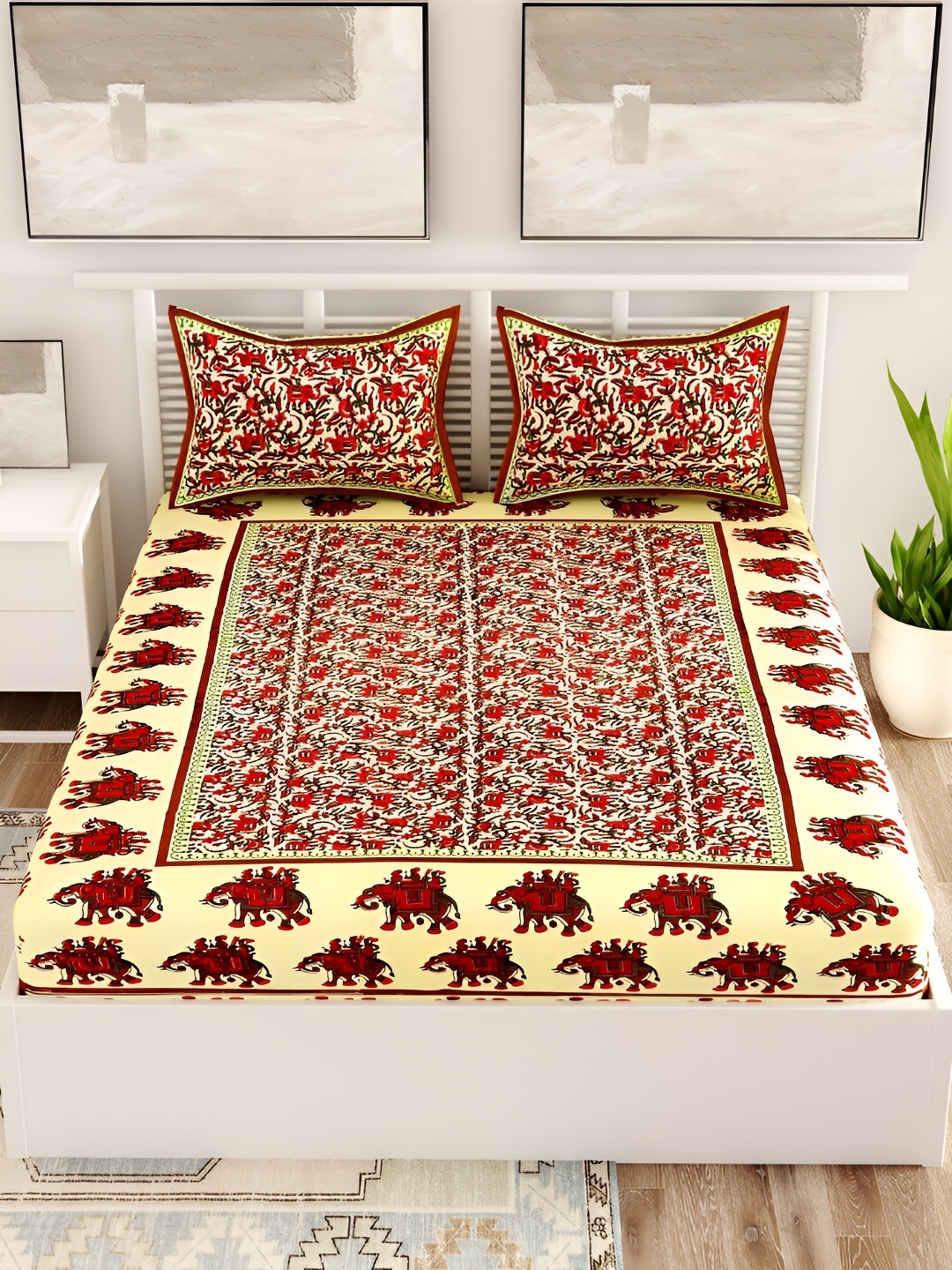 

Aura Brown & Yellow Ethnic Motifs Cotton 120 TC Queen Bedsheet with 2 Pillow Covers