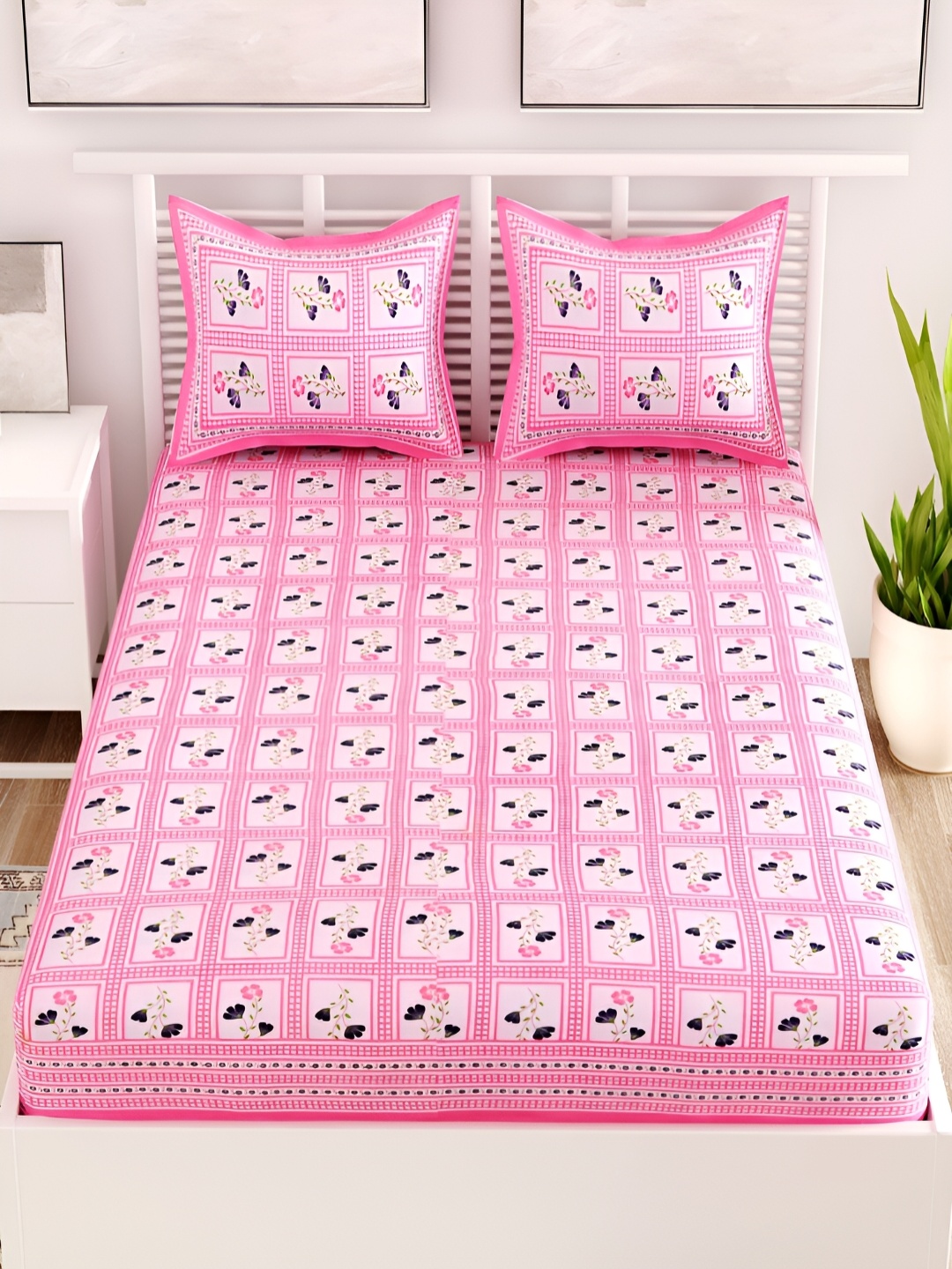 

Aura Pink & White Floral Cotton 120 TC Queen Bedsheet with 2 Pillow Covers