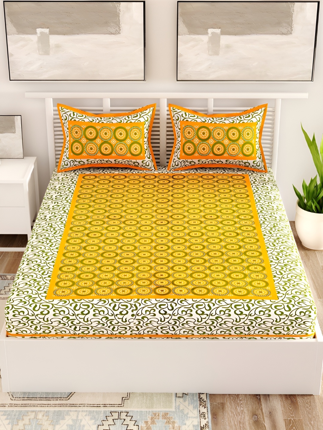 

Aura Yellow & White Geometric Cotton 120 TC Queen Bedsheet with 2 Pillow Covers
