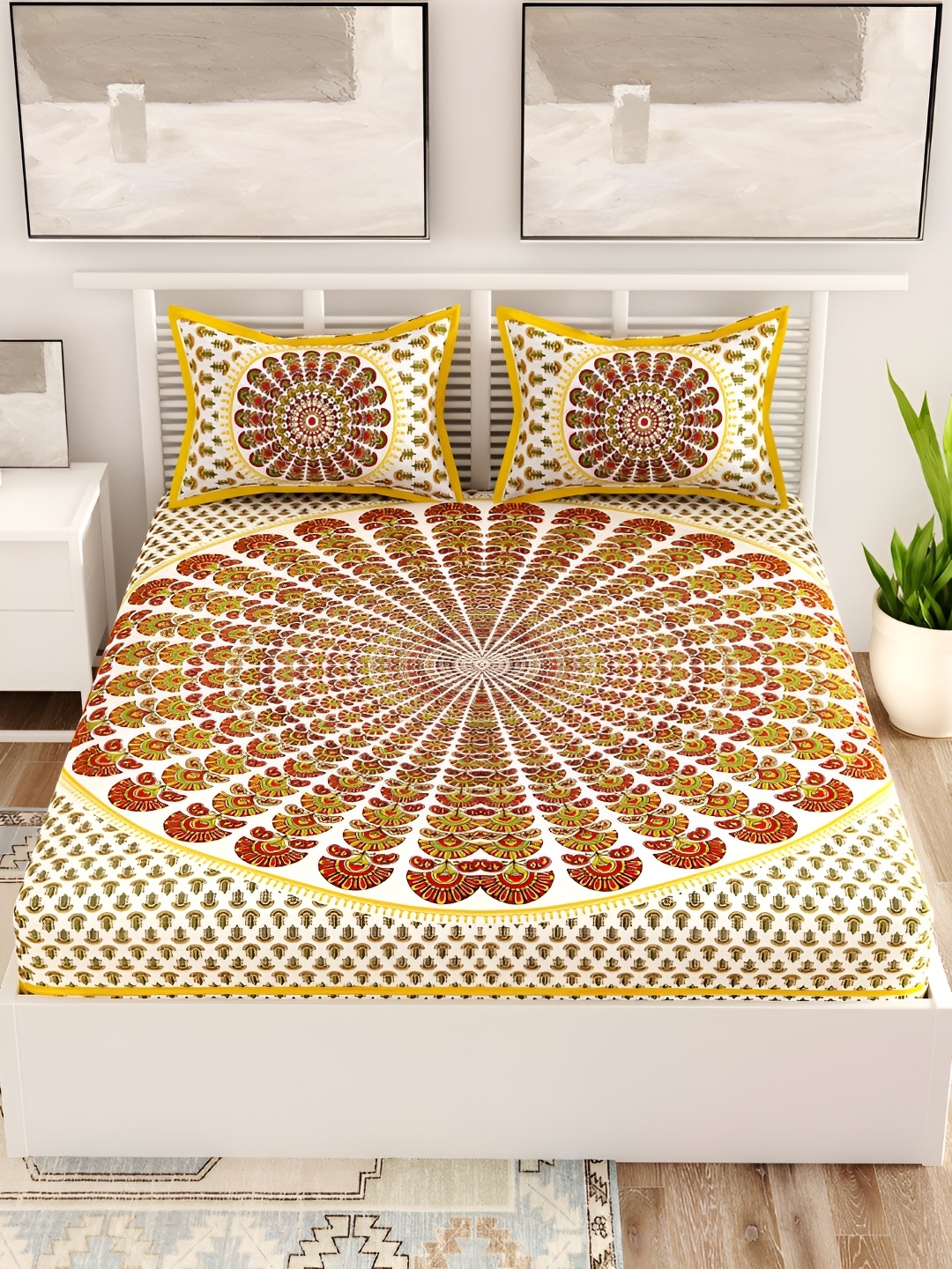 

Aura Brown & White Ethnic Motifs 120 TC Queen Bedsheet with 2 Pillow Covers