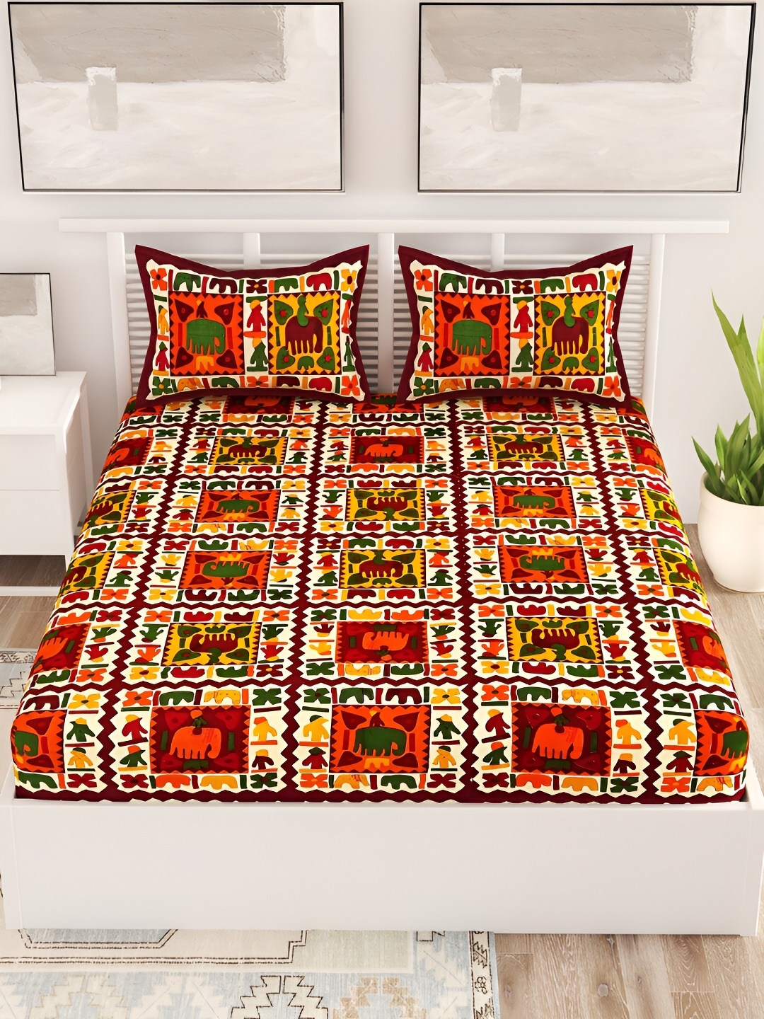 

Aura Maroon & White Ethnic Motifs Cotton 120 TC Queen Bedsheet With 2 Pillow Covers