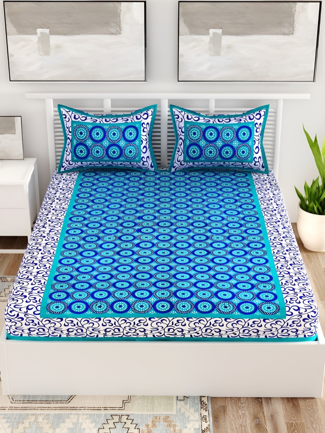 

Aura Turquoise Blue & White Floral Cotton 120 TC Queen Bedsheet with 2 Pillow Covers