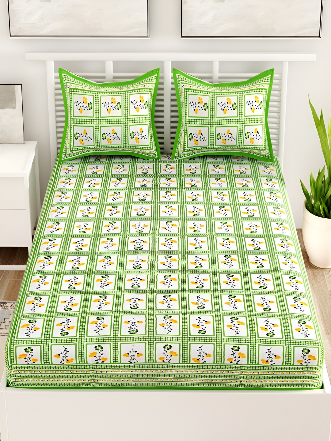 

Aura Green & White Floral Cotton 120 TC Queen Bedsheet with 2 Pillow Covers