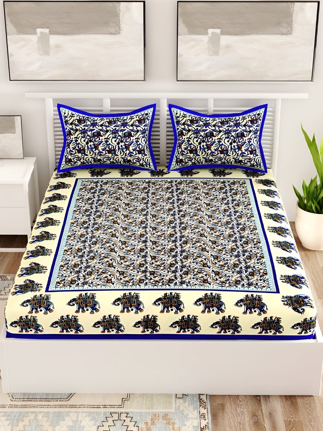 

Aura Blue & Cream Floral Cotton 120 TC Queen Bedsheet with 2 Pillow Covers