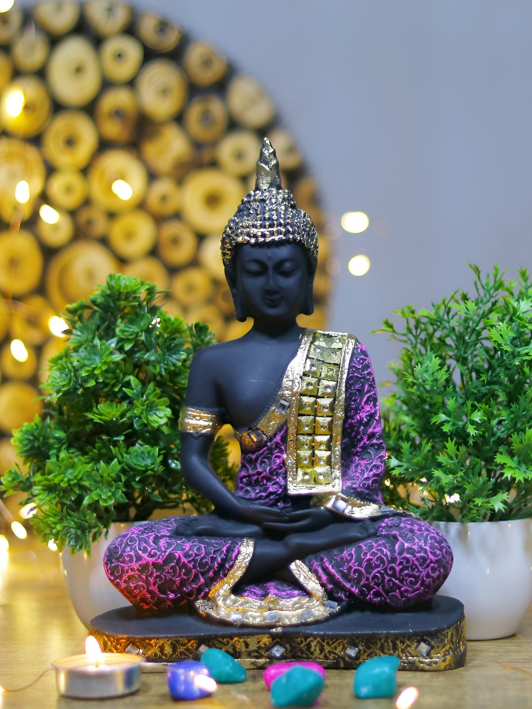 

GW CREATIONS Black & Gold-Toned 3 Pieces Bonsai PlantLord Buddha Figurine Showpiece