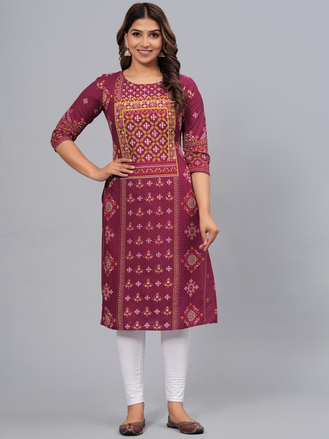 

FCV Ethnic Motifs Block Printed Print Straight Kurta, Maroon