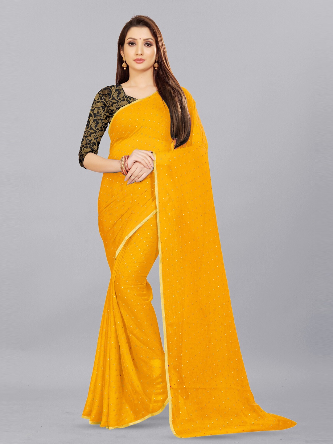 

Aardiva Embellished Zari Pure Chiffon Saree, Yellow