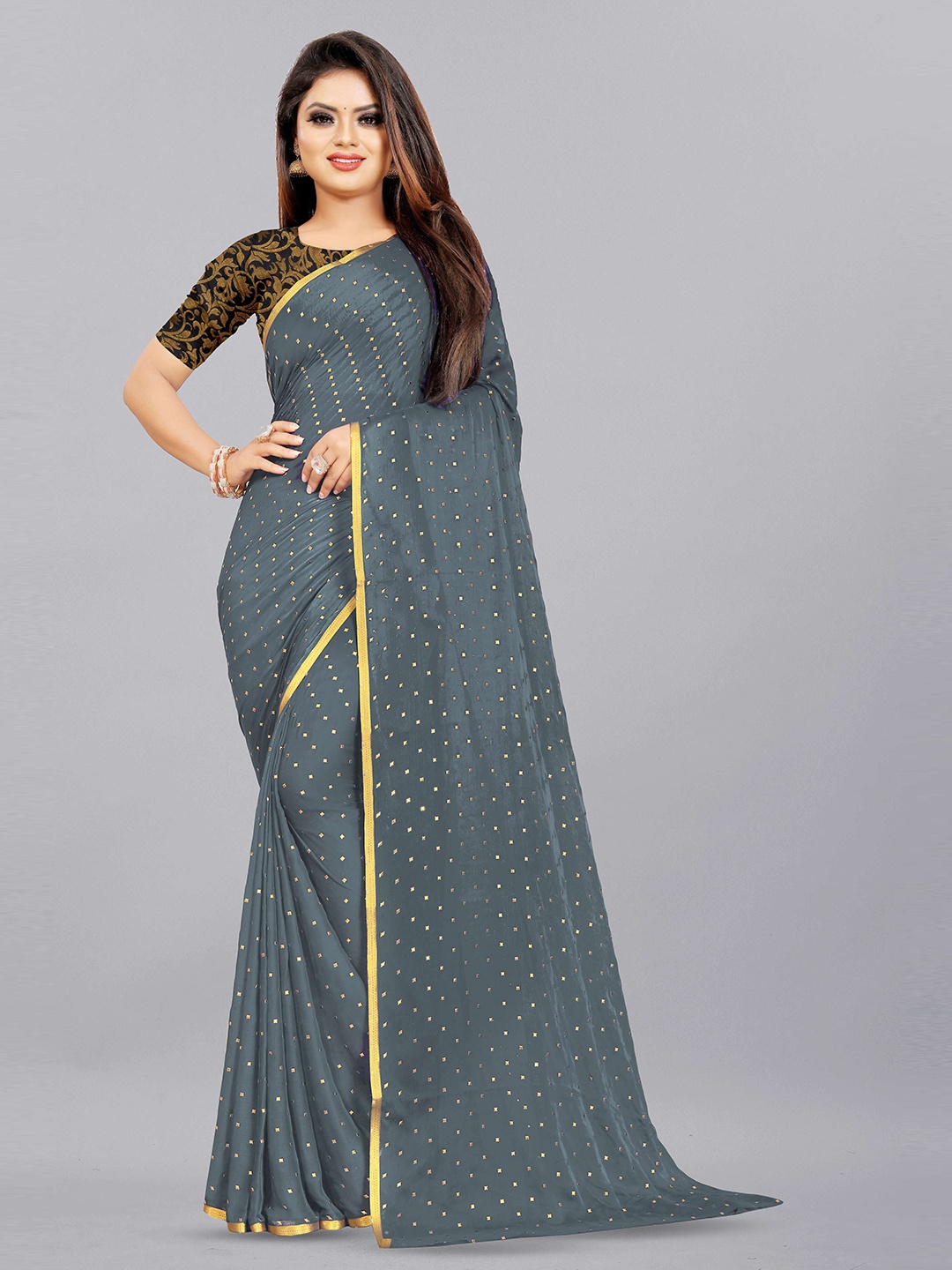 

Aardiva Embellished Zari Pure Chiffon Saree, Grey