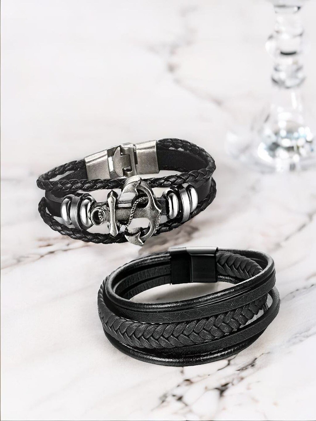 

UNIVERSITY TRENDZ Men Set Of 2 Leather Bracelet, Black