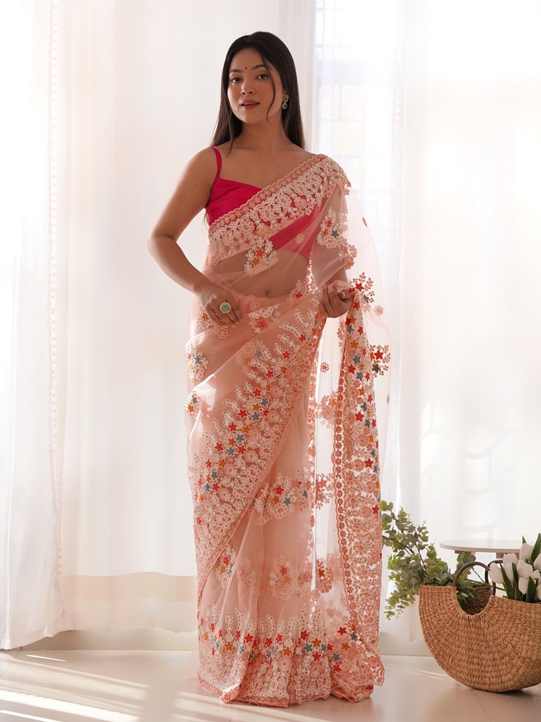 Anouk Floral Embroidered Net Saree, Peach