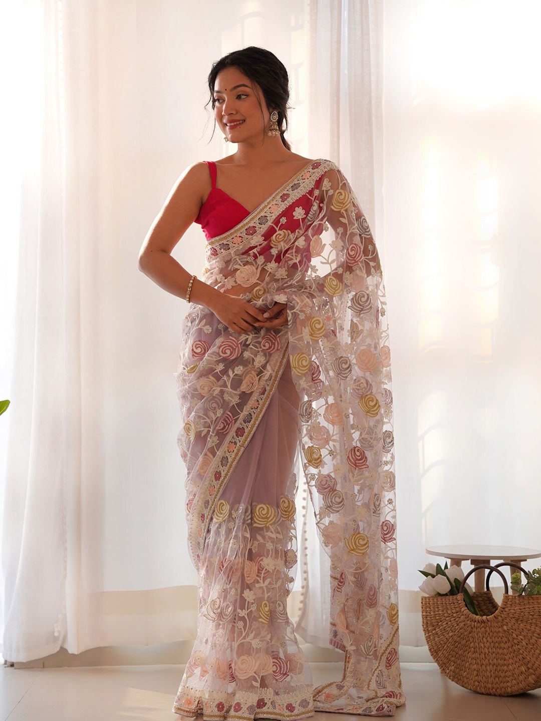 

Anouk Floral Embroidered Net Saree, Lavender