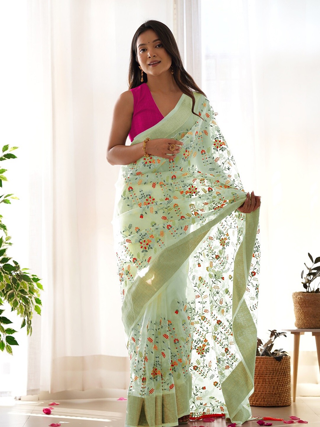 Anouk Floral Embroidered Organza Saree, Green