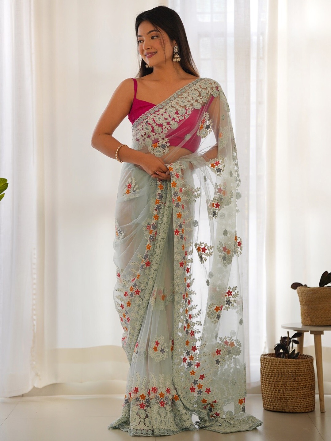 

Anouk Designer Floral Embroidered Net Saree, Blue
