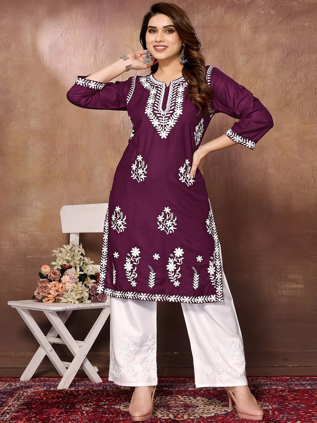 

FABMORA Floral Embroidered Round Neck Chikankari Straight Kurta with Palazzos, Burgundy