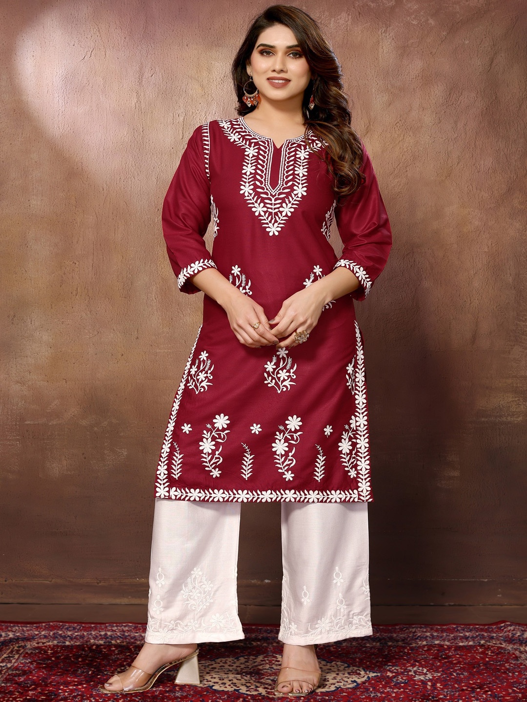 

FABMORA Floral Embroidered Round Neck Chikankari Straight Kurta with Palazzos, Maroon