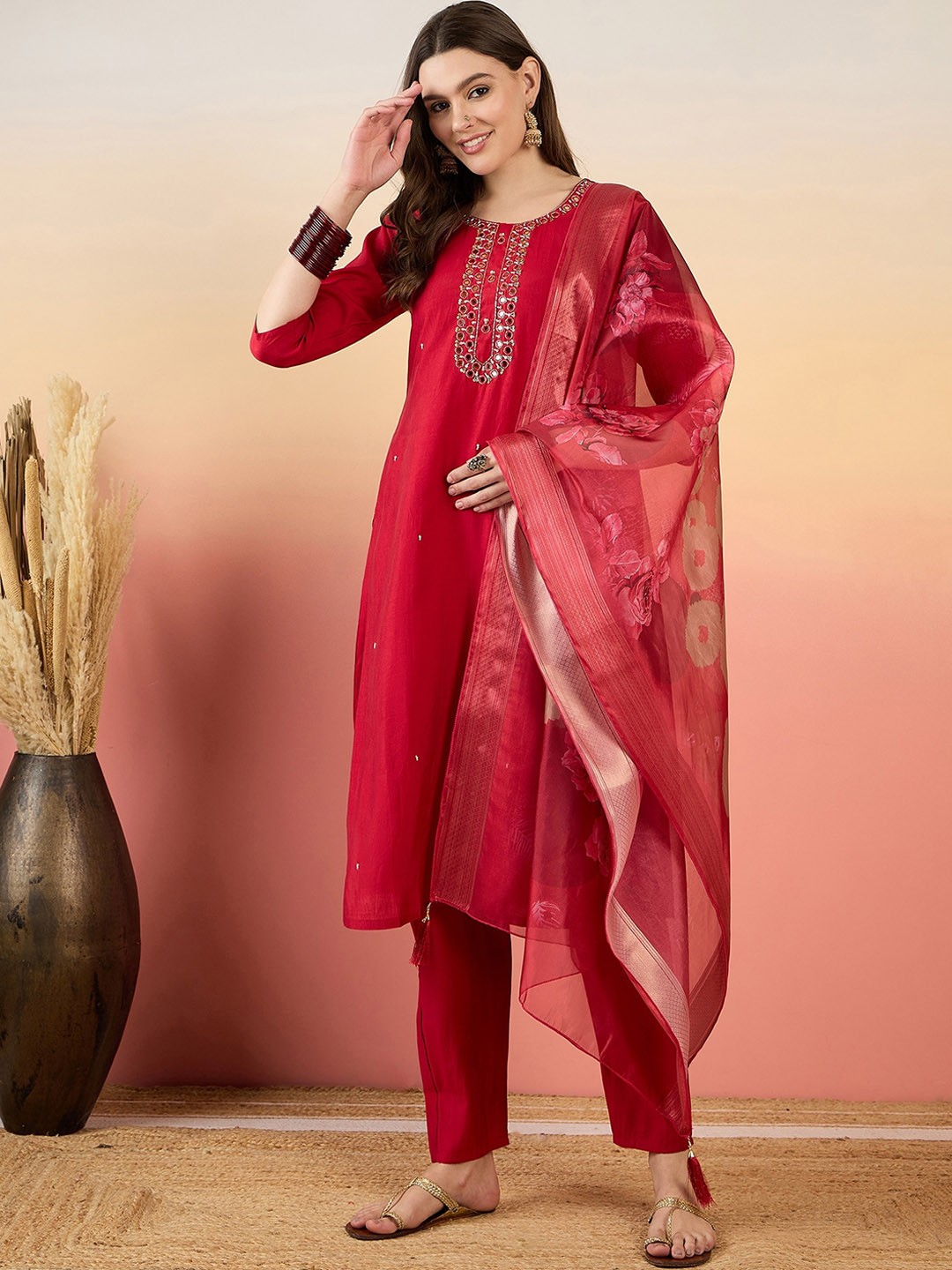 

Anouk Ethnic Motifs Yoke Design Straight Mirror Work Kurta with Trousers & Dupatta, Red