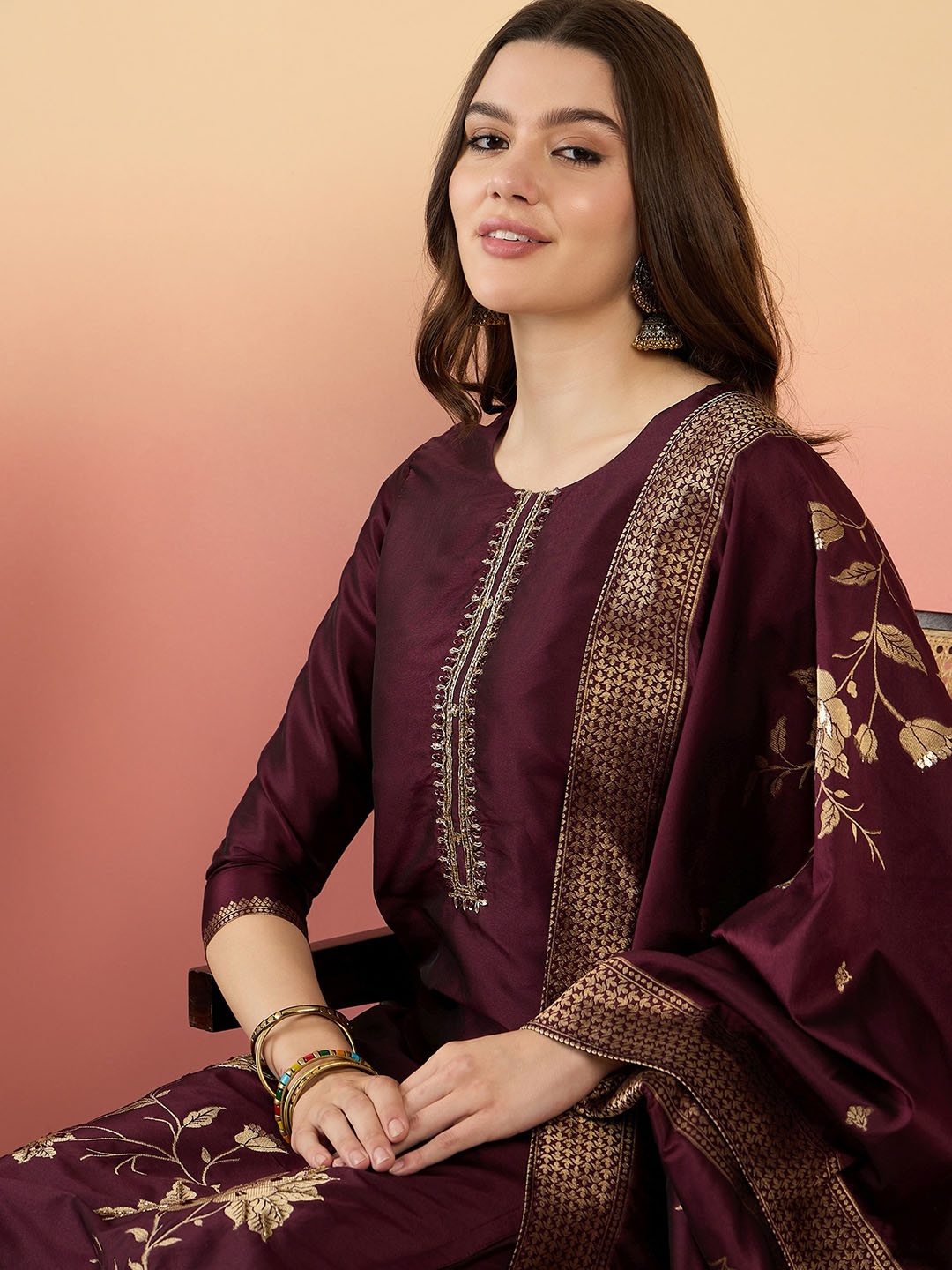 

Anouk Ethnic Motifs Zari Straight Kurta with Trousers & Dupatta, Maroon