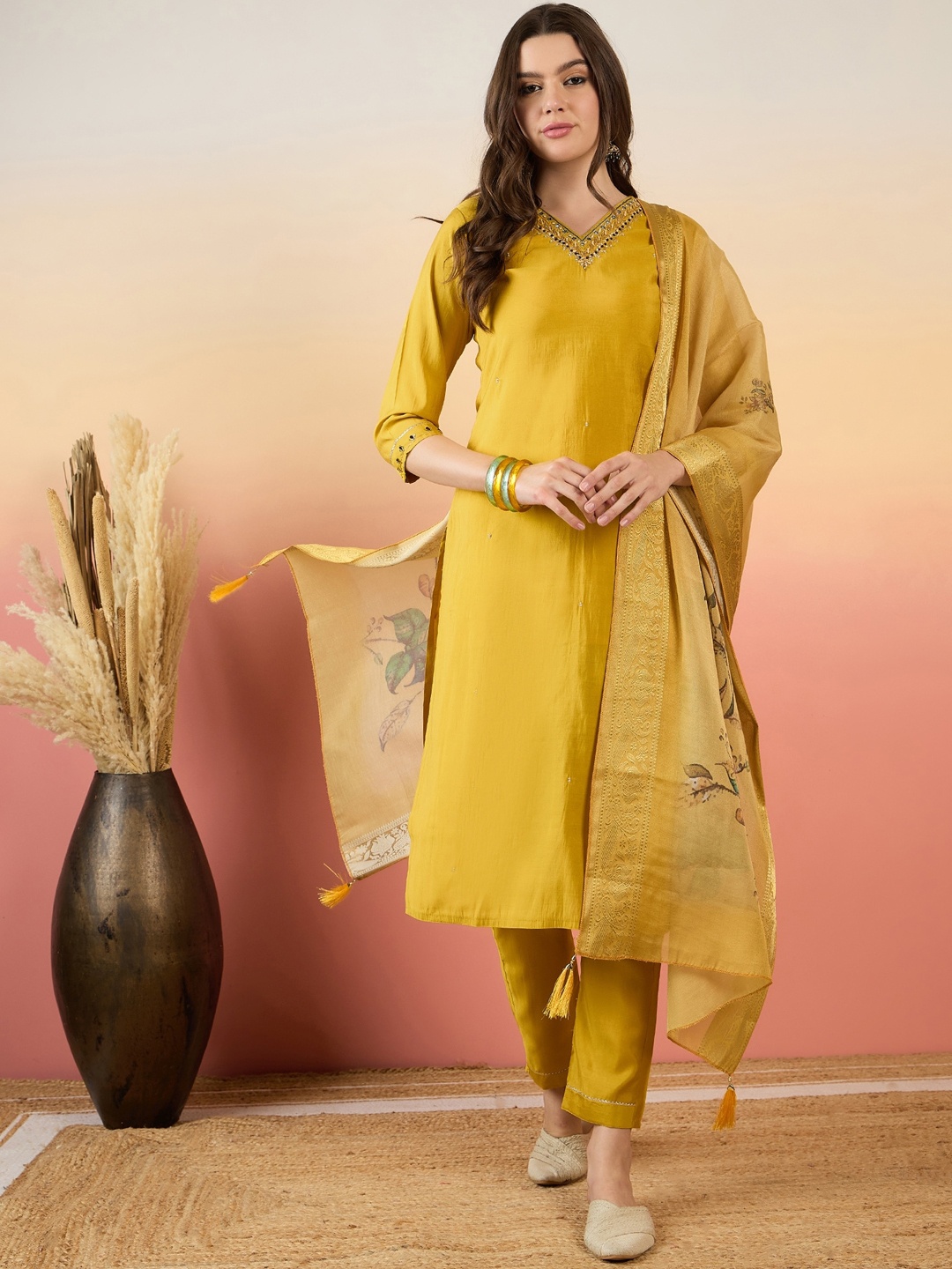 

Anouk Floral Yoke Design V-Neck Straight Zari Kurta with Trousers & Dupatta, Yellow