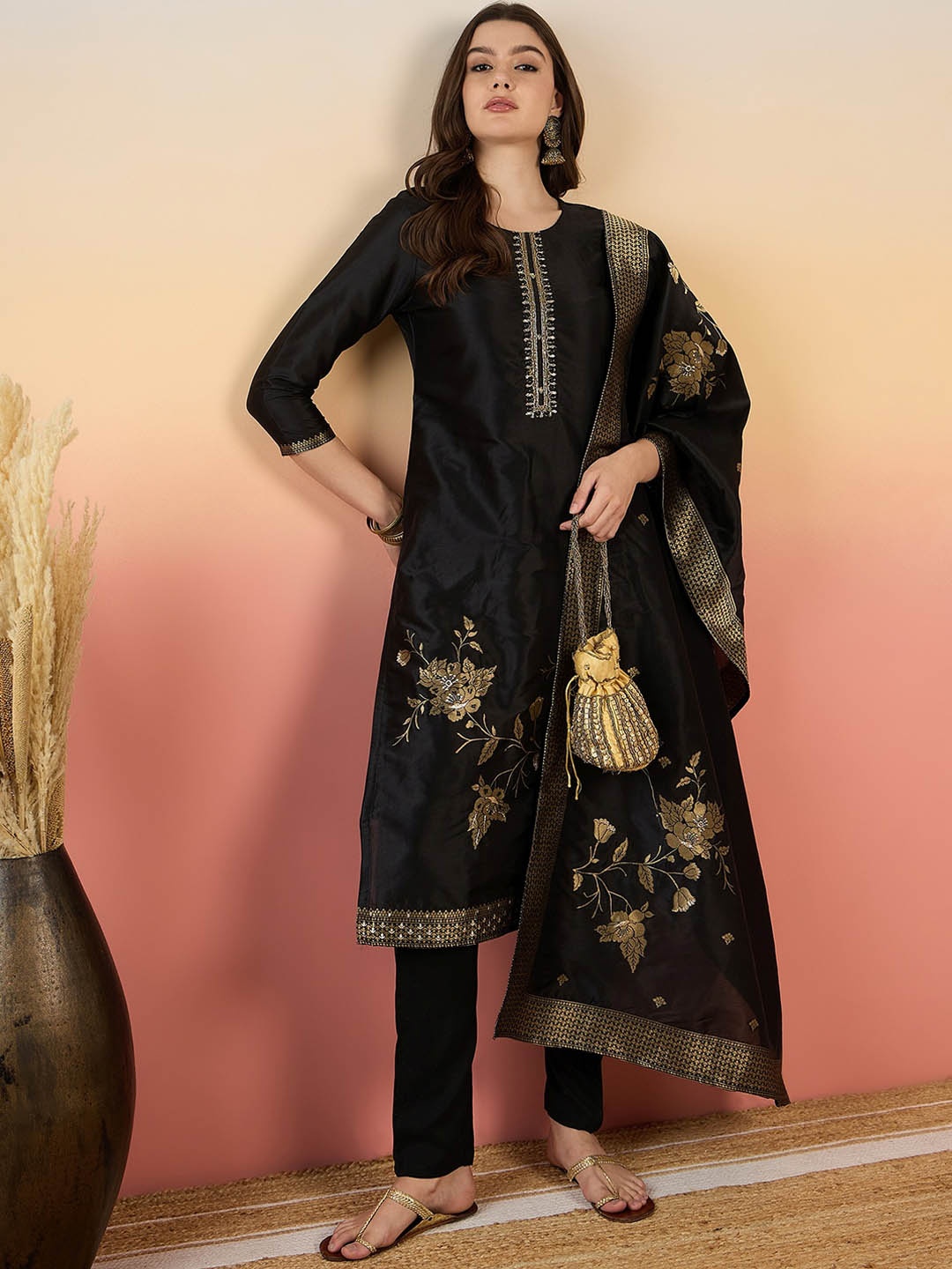 

Anouk Ethnic Motifs Embroidered Regular Kurta With Trousers & Dupatta, Black