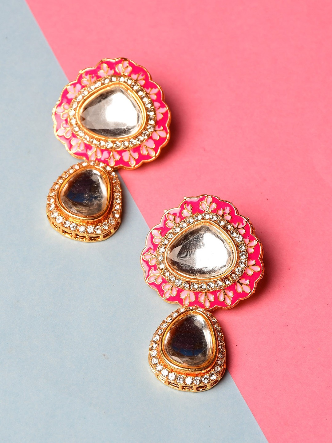 

GRLIE Kundan Studded Contemporary Drop Earrings, Pink