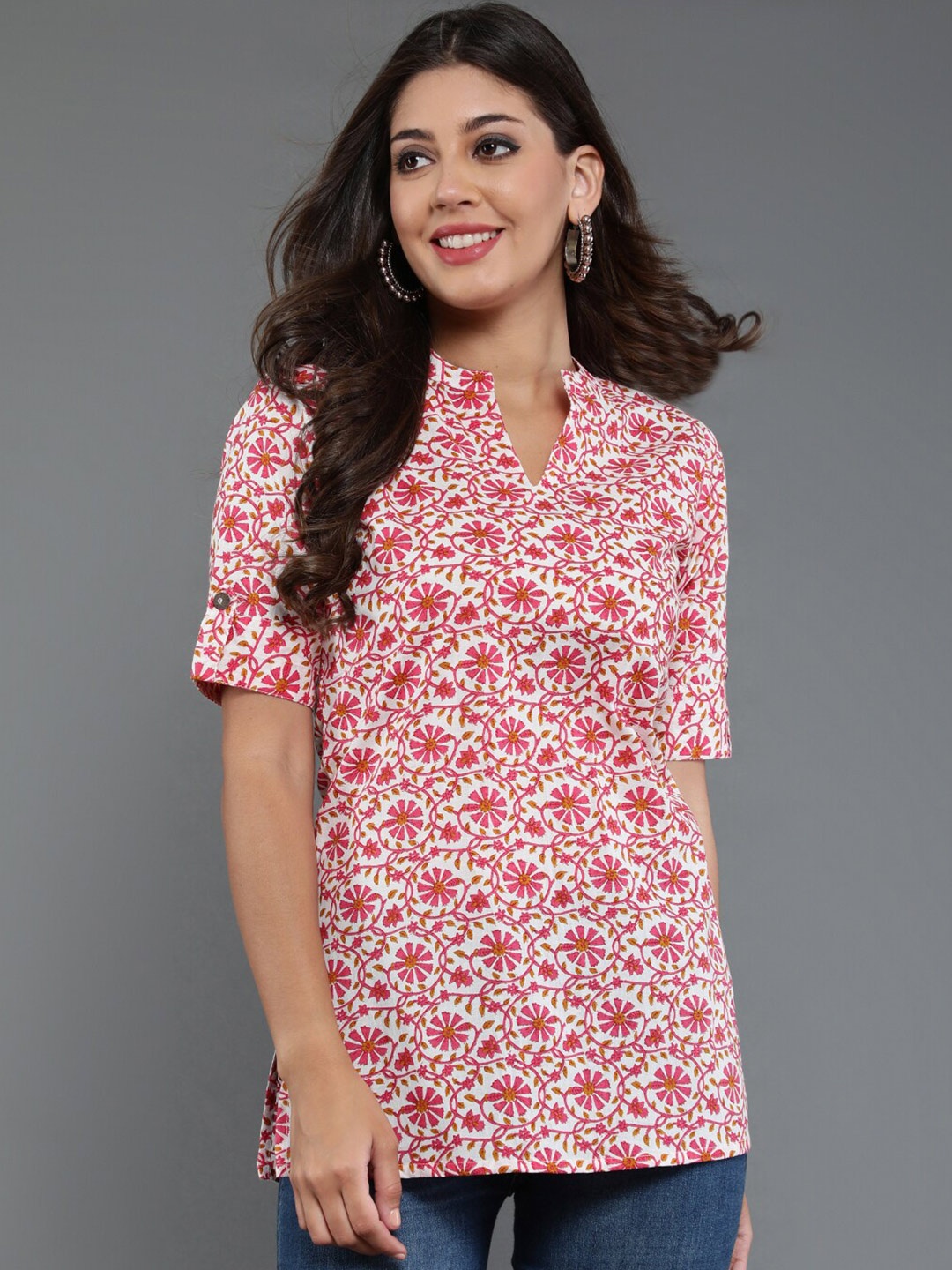 

antaran Floral Printed Mandarin Collar Pure Cotton Tunic, Pink