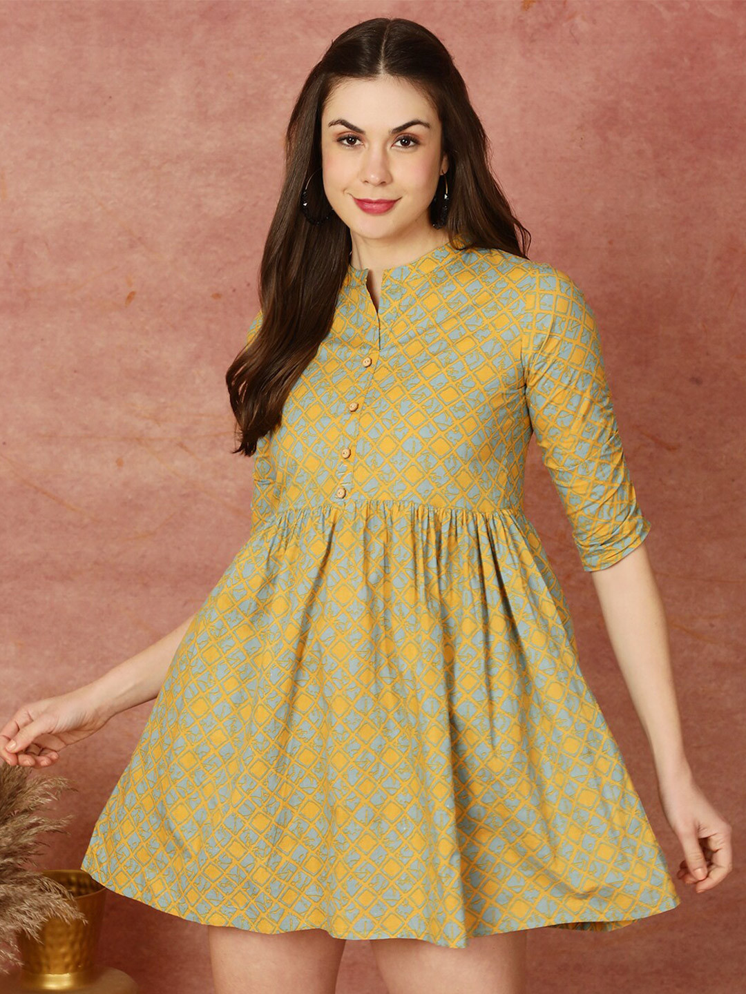 

antaran Geometric Printed Mandarin Collar Mini Cotton Fit & Flared Dress, Mustard