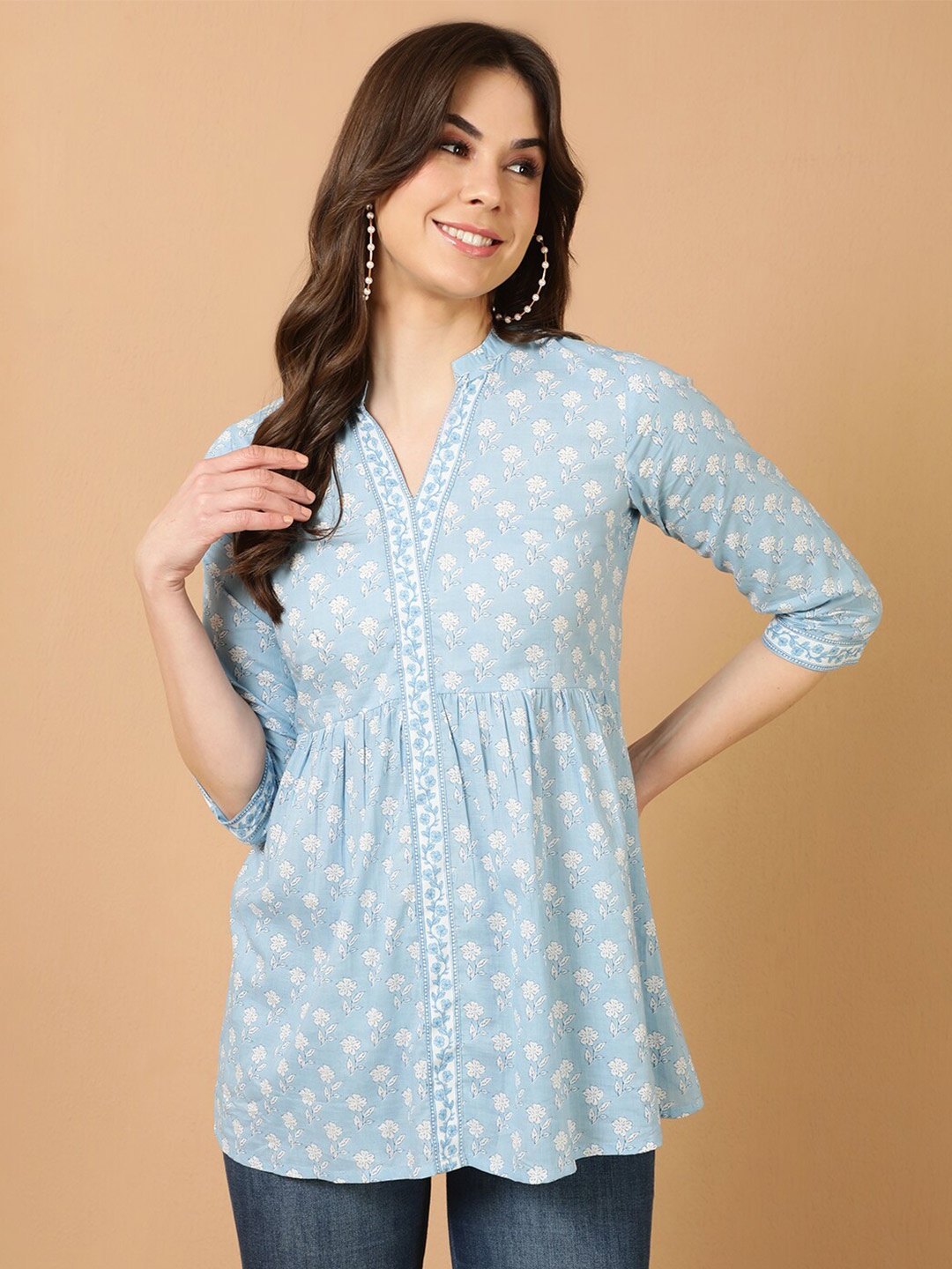 

antaran Floral Printed Mandarin Collar Gathered Pure Cotton Tunic, Blue