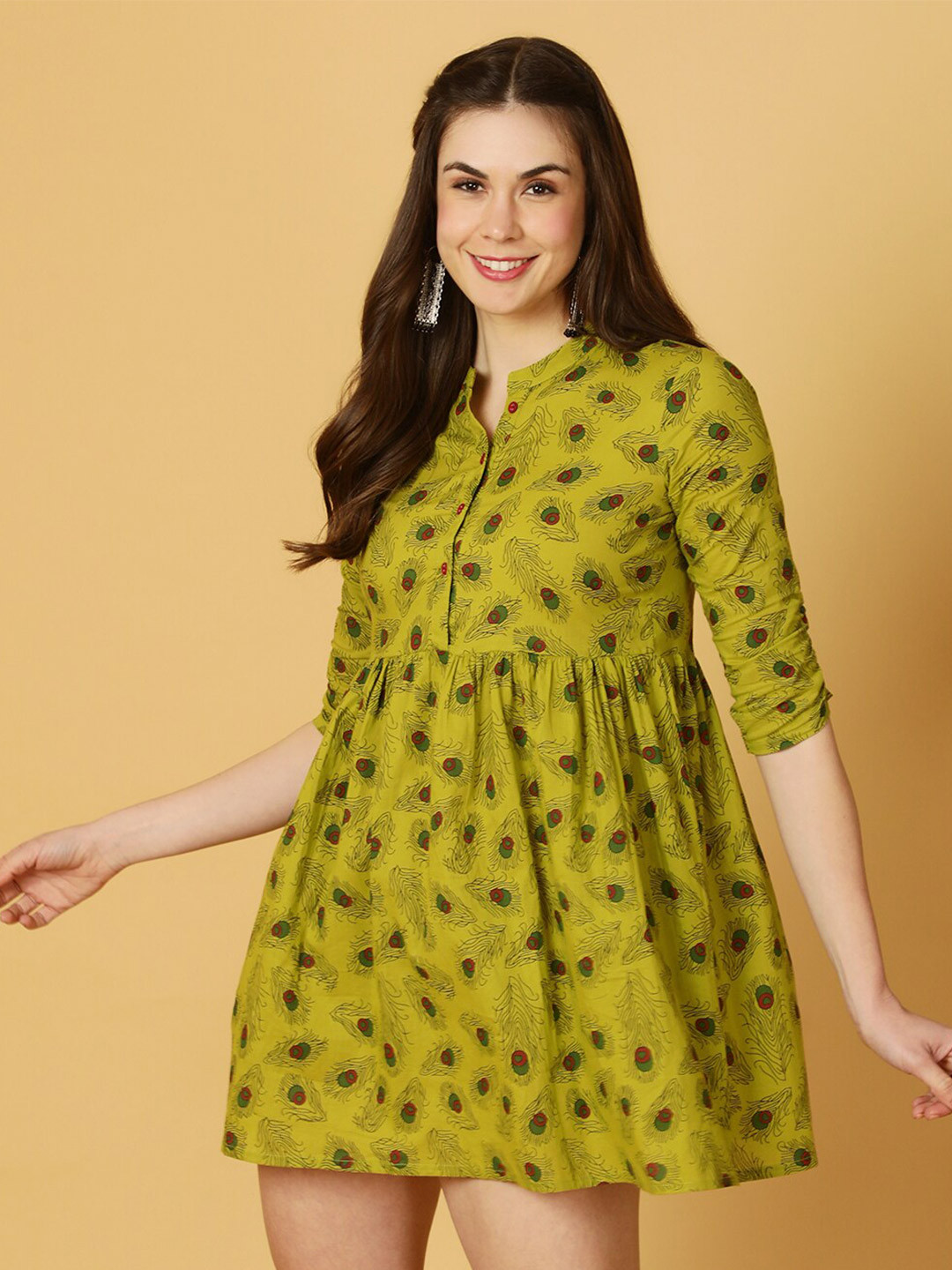 

antaran Abstract Printed Mandarin Collar Mini Cotton Fit & Flared Dress, Green
