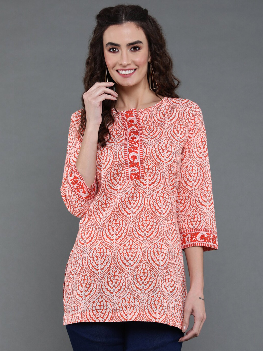 

antaran Ethnic Motifs Printed Round Neck Pure Cotton Kurti, Orange