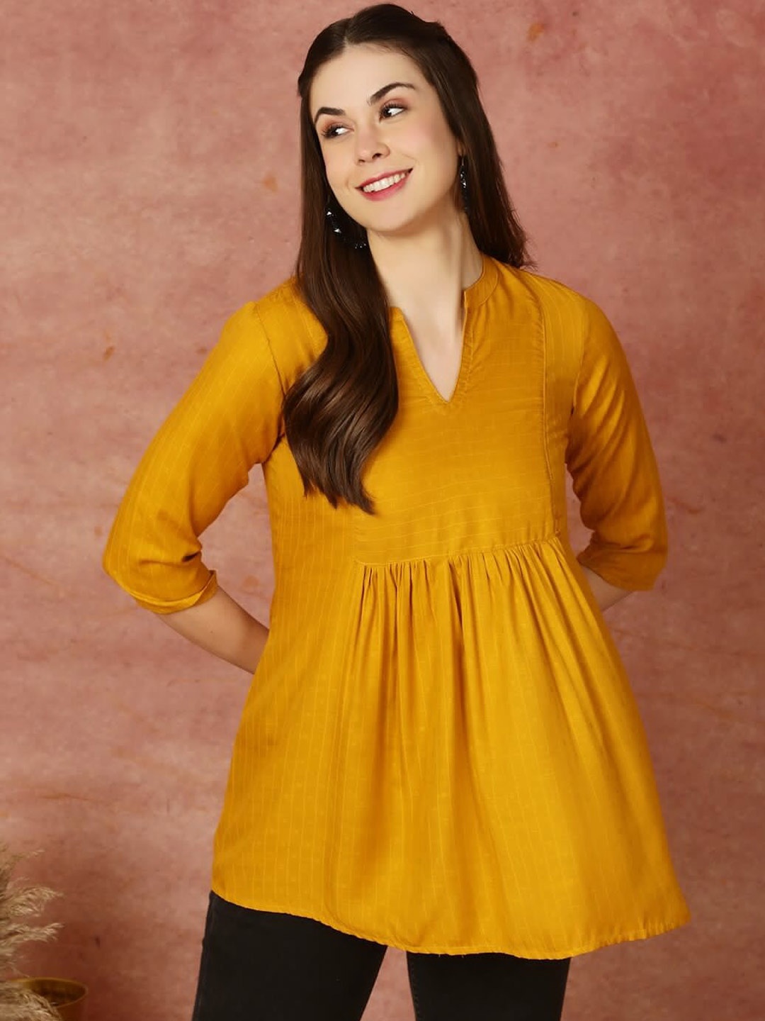 

antaran Striped Mandarin Collar Gathered Tunic, Yellow