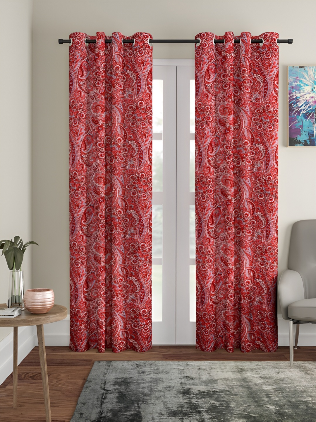 

Aura Red 2 Pieces Ethnic Motifs Printed Eyelet Door Curtains